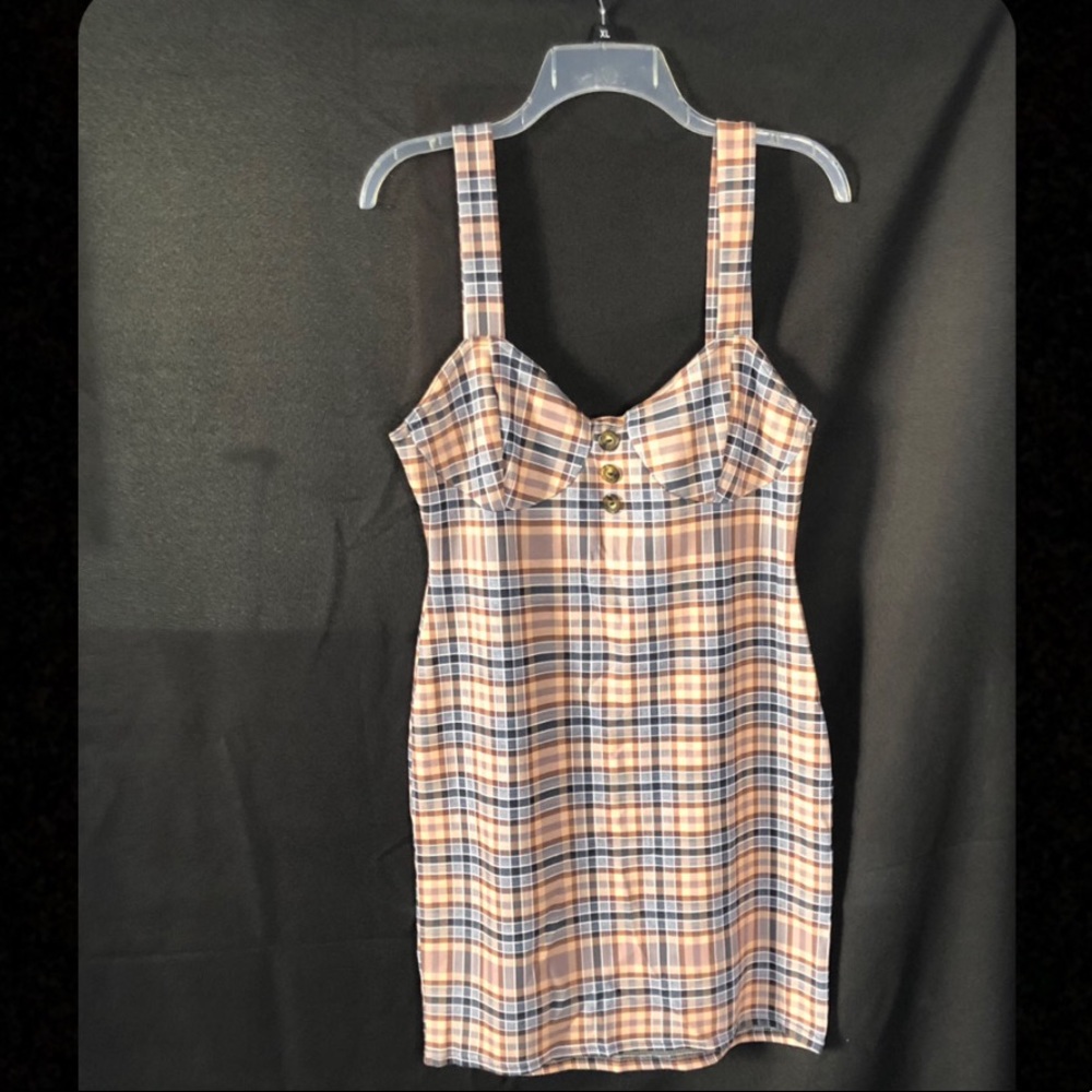 PLT Tonal Check Horn Button Detail Mini Dress